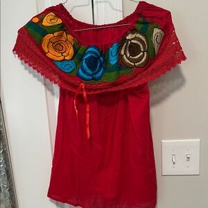 Vibrant Red Dress with Floral Embroidery